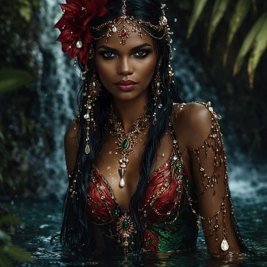 Luxo, joias e beleza de mulher com acessórios dourados e joias preciosas em cenário de natureza tropical.