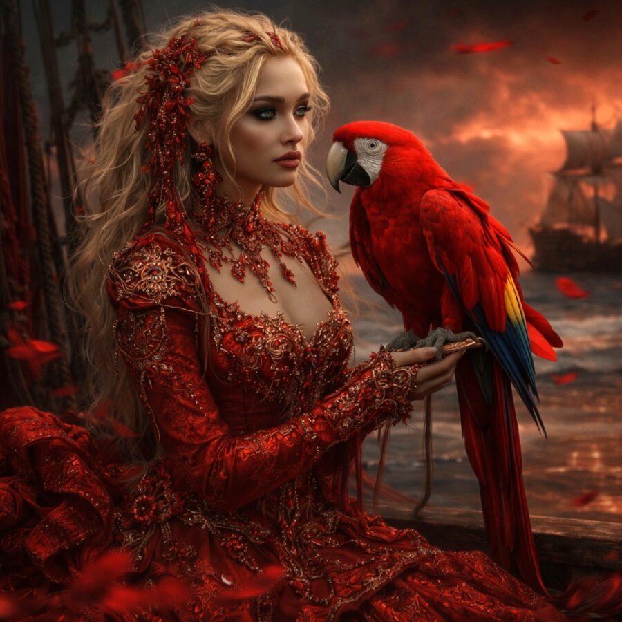 Linda mulher com fantasia vermelha e papagaio colorido, cenário dramático de fogo e navios antigos ao fundo.