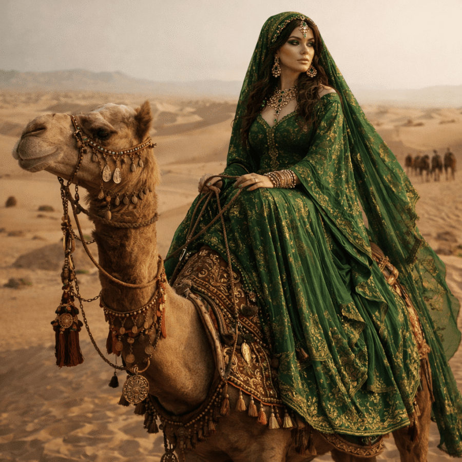 Ela, mulher vestida com traje tradicional indiano, cabelo escuro e joias, montada em camelo decorado no deserto.