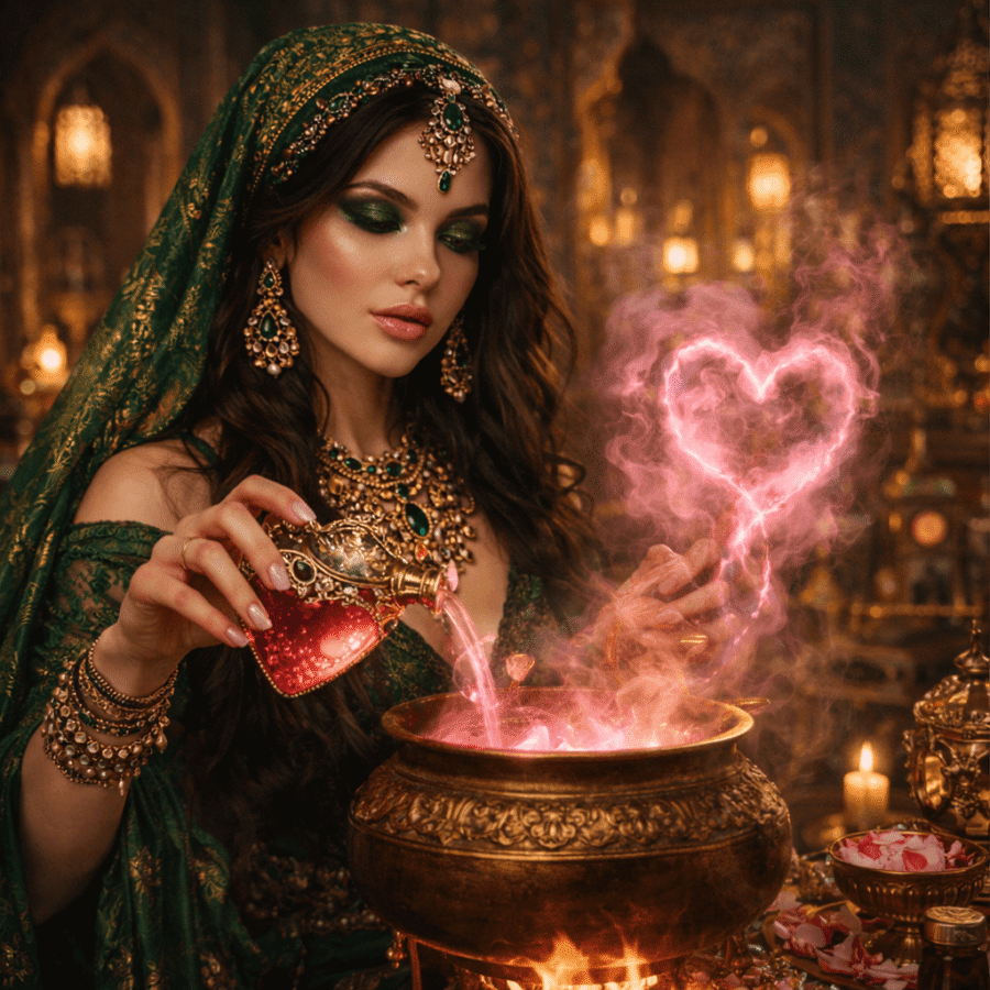 Encantadora mulher com joias tradicionais, símbolo de amor e espiritualidade, em ambiente luxuoso e místico, com coração de energia rosa.