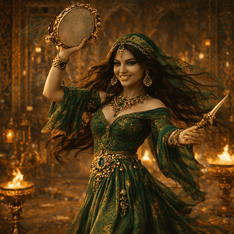 Cemporário de uma mulher vestida com traje tradicional e joias, segurando instrumentos em ambiente clássico.