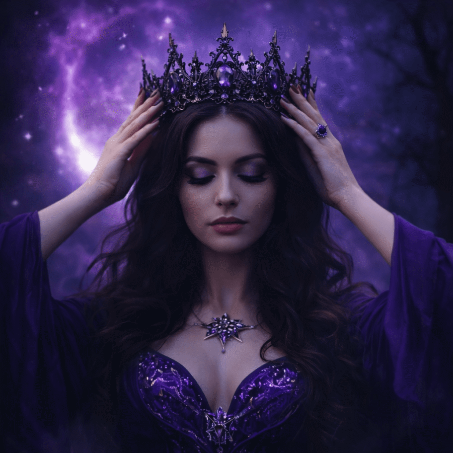 Rainha de fantasia com coroa na noite estrelada, destaque em joias e moda luxuosa.