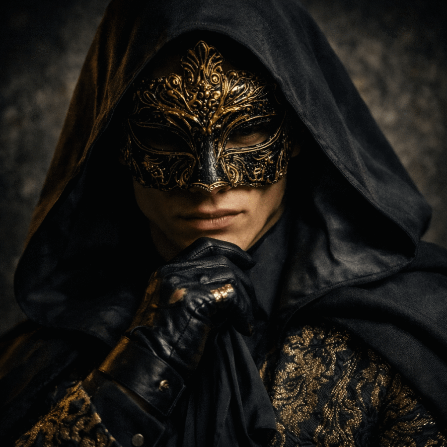 Máscara de luxo dourada e detalhes elegantes em estilo misterioso e sofisticado.