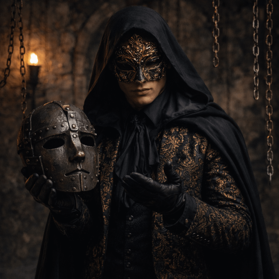 Máscara veneziana dourada, estilo misticismo, luxo e arte em clima sombrio de castelo antigo.