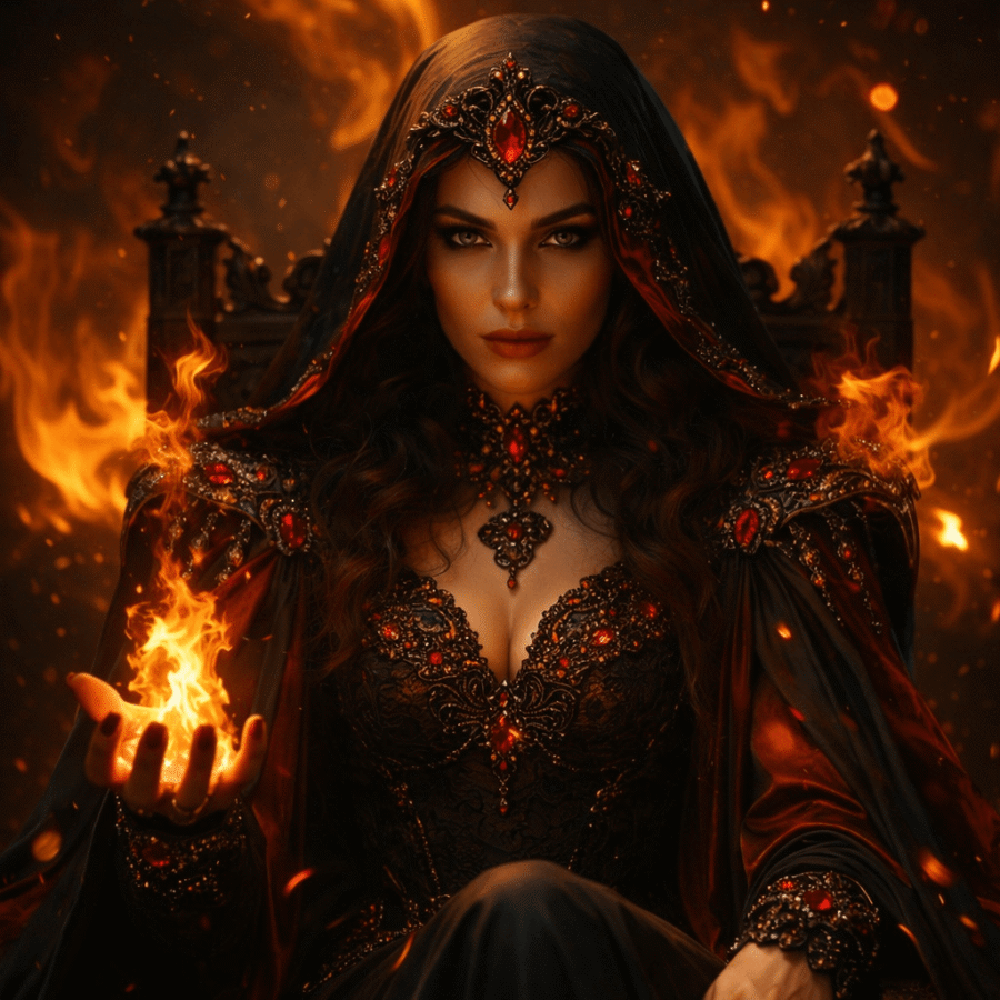 Feiticeira poderosa com magia de fogo, renderizada em detalhes, fundo dramático, estilo fantasia sombria.