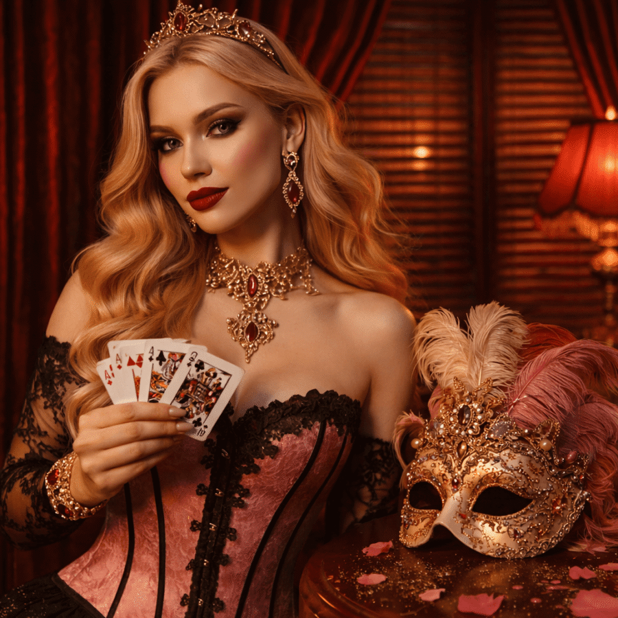 Elegante mulher com joias e máscara de carnaval, holding cartas, no cenário luxuoso de Mestrelux.