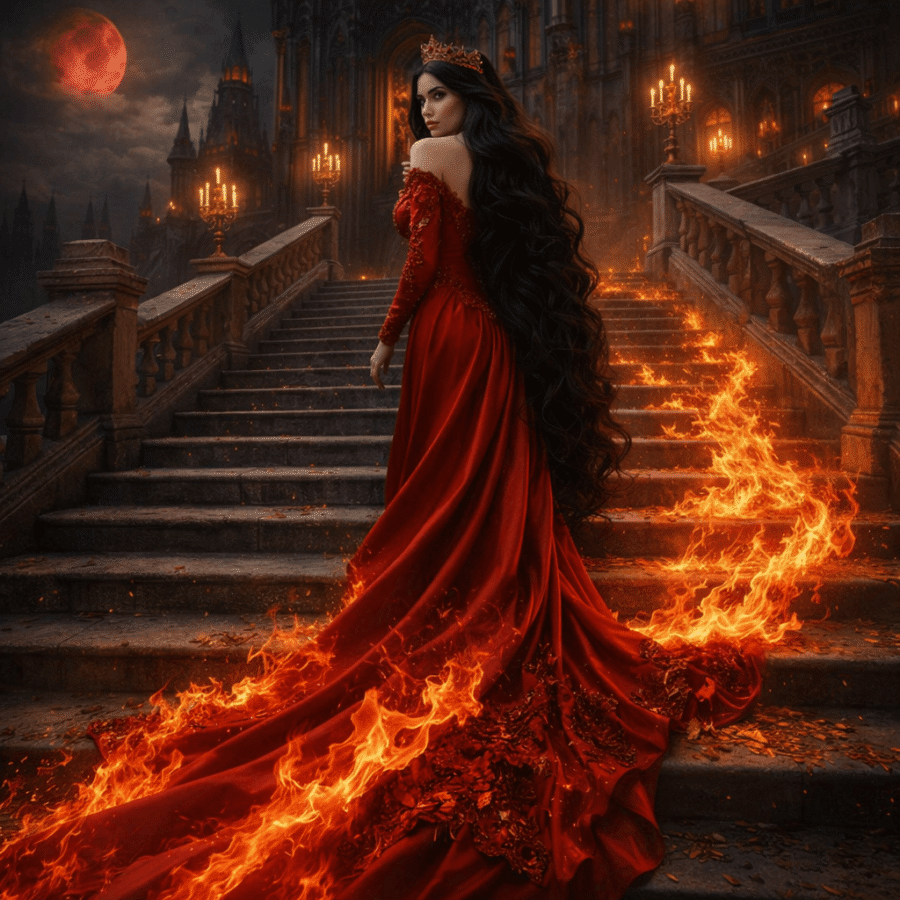 1. Mulher com vestido vermelho longo em escadaria de castelo gótico sob lua vermelha.