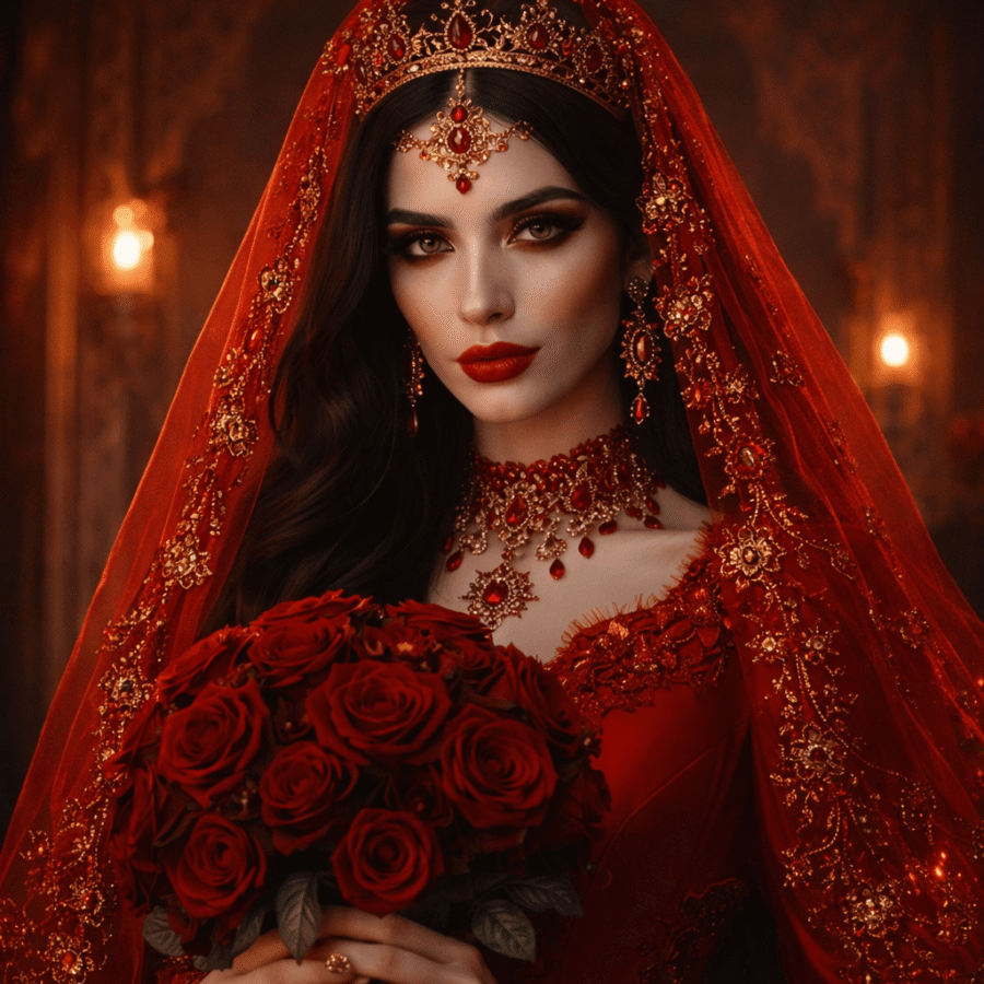 Vestido de noiva vermelho com joias douradas e véu elaborado, segurando buquê de rosas vermelhas.