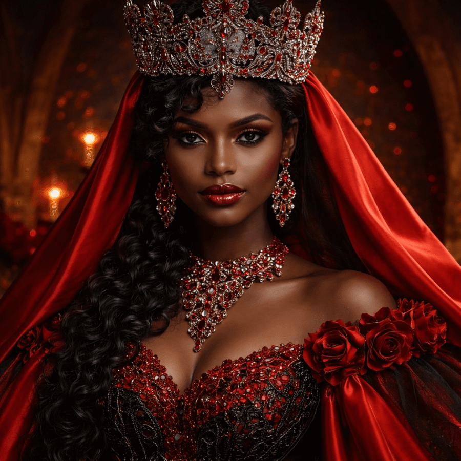Rainha com joias e vestido vermelho, símbolo de realeza e elegância, em ambiente de luxo e sofisticação.