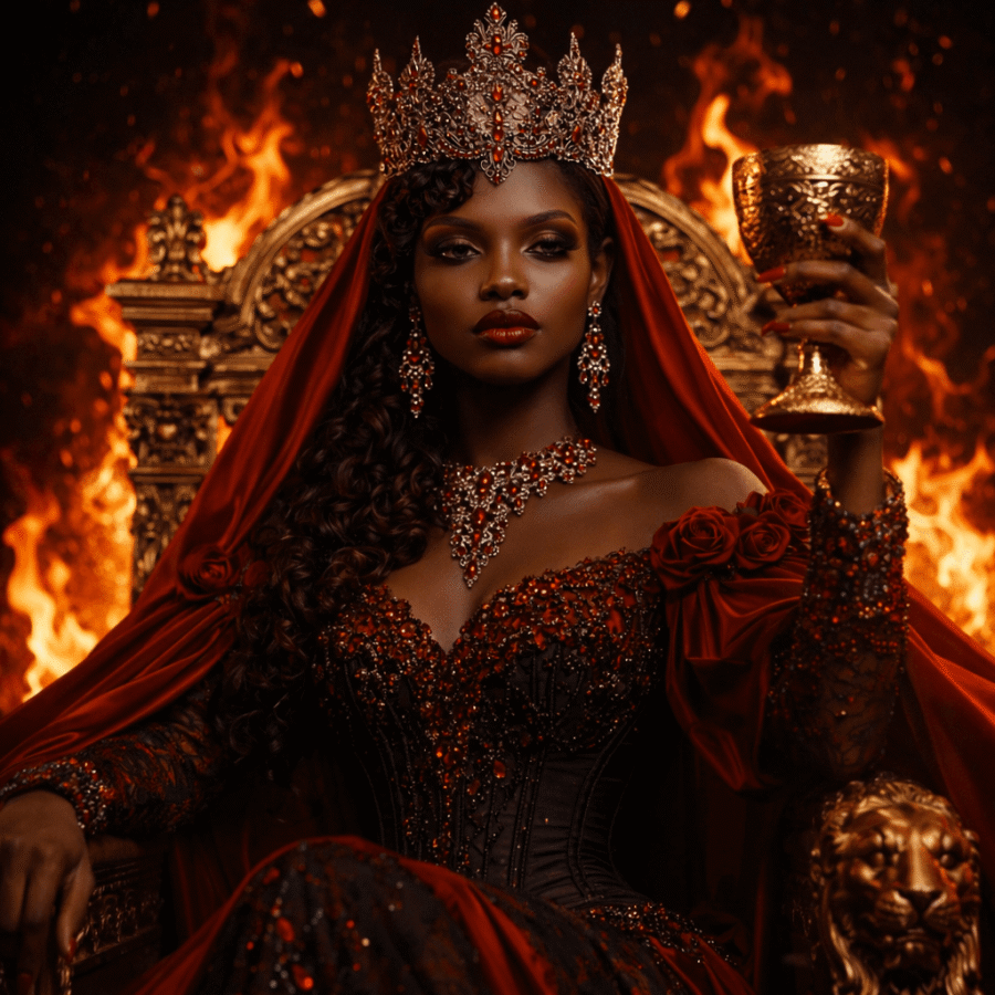 Rainha poderosa com coro e taça dourada em cenário de fogo e luxúria.