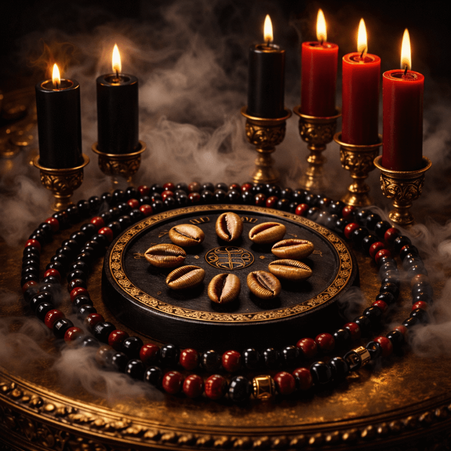 Velas pretas e vermelhas acesas com runas e contas de oração, ambiente místico e espiritual.