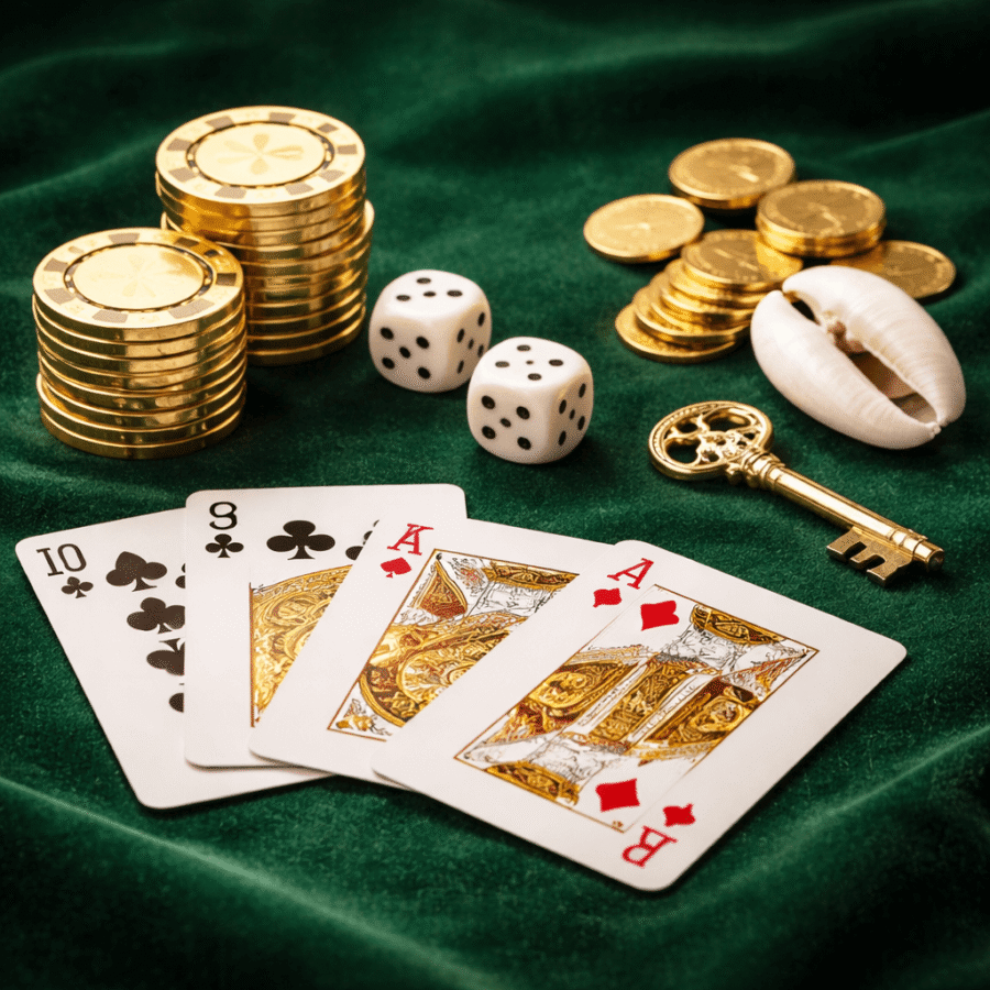 1. Pilhas de fichas de cassino, dados, concha e chave de ouro em mesa de pôquer luxuosa.