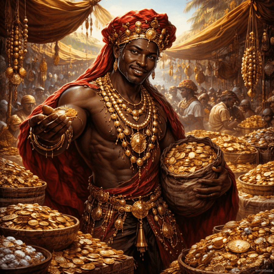 Rico homem africano com joias e moedas douradas em mercado tradicional africano, celebrando riqueza e cultura ancestral.