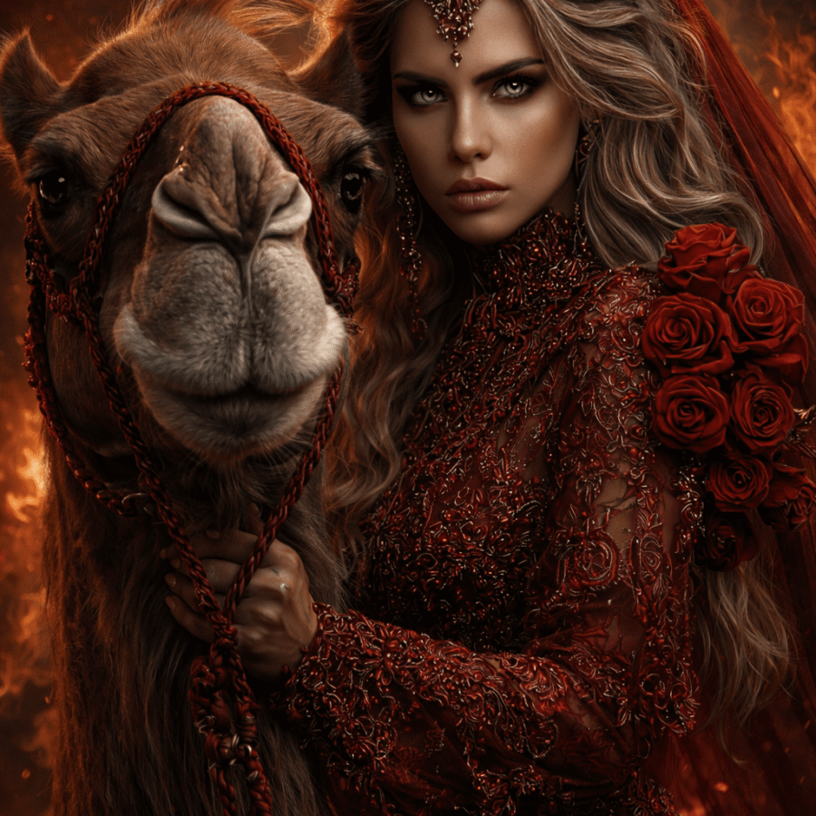 Cavalo com bridão vermelho e mulher com vestido vermelho adornado com rosas e joias sofisticadas.