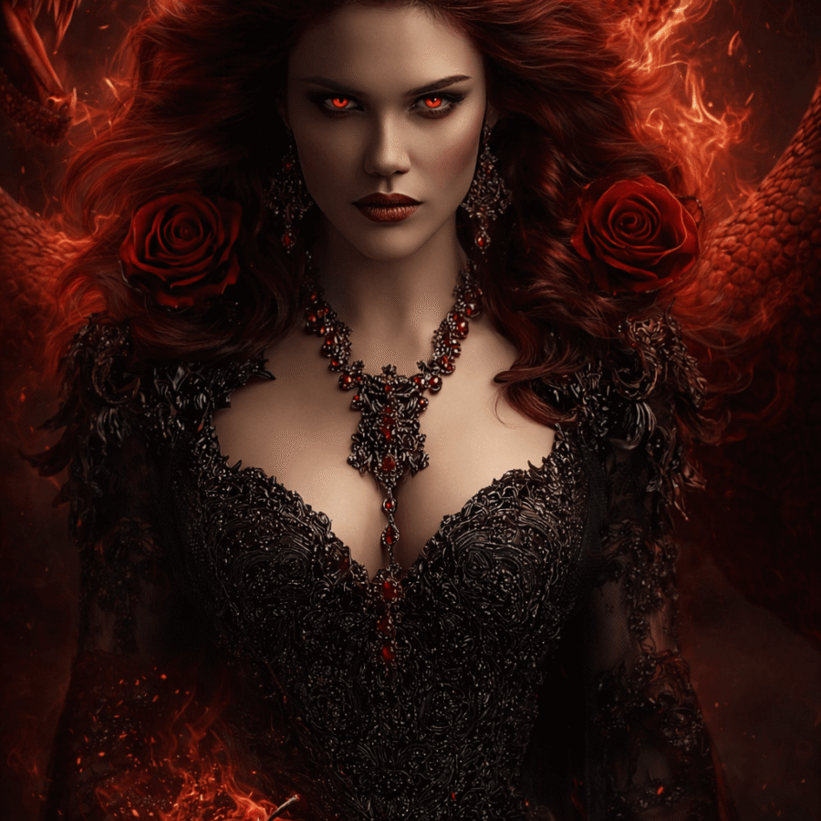 Mulher com olhos vermelhos e vestido preto elaborado, segurando uma maçã flamejante, com fundo de fogo e criaturas perigosas.