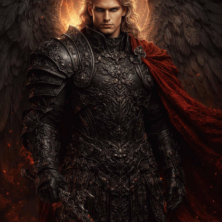 Inteligente, guerreiro angelical em armadura detalhada com asas negras e fundo de fogo, símbolo de poder e proteção.