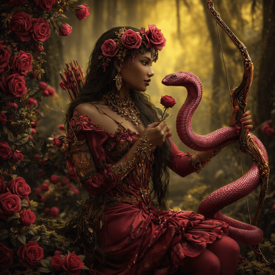 Mulher com vestido vermelho, arco e flecha e cobras em floresta mágica, estética de fantasia sombria.