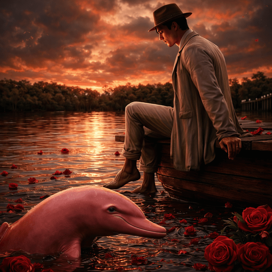 Homem com chapéu sentado na borda do rio ao pôr do sol, com golfinho rosa e rosas no cenário.