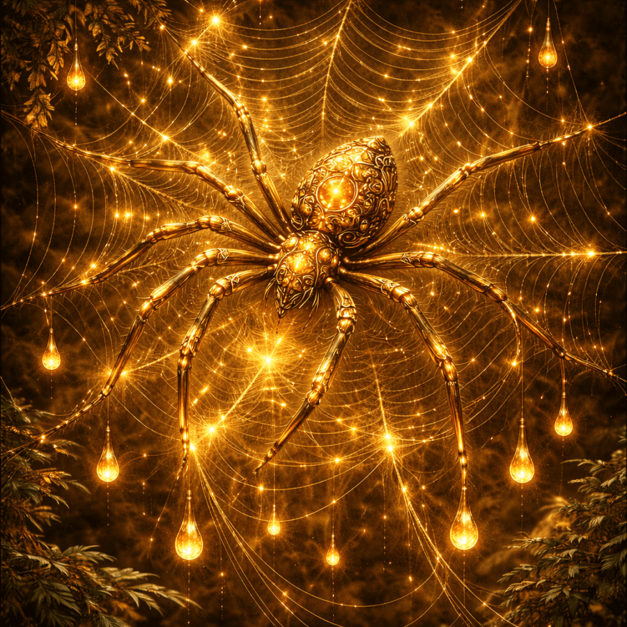 Aranha dourada brilhante em teia com gotas de ouro, efeito de luz mística e brilho intenso.