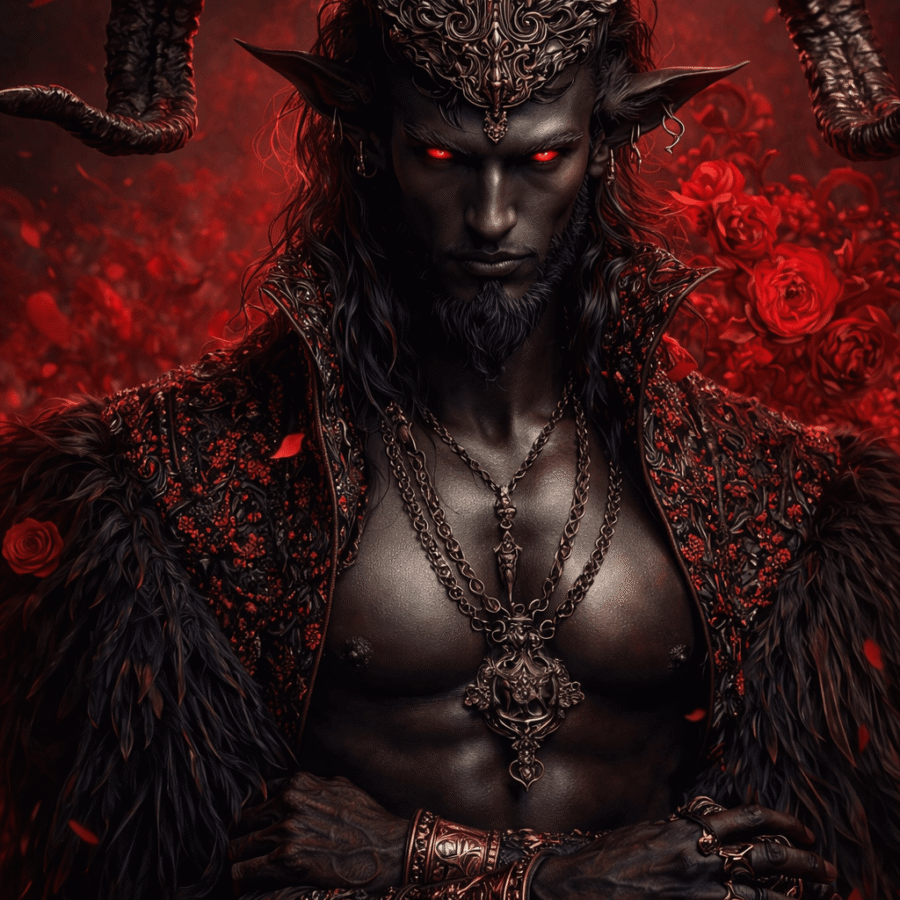 1. Demônio gótico com chifres, olhos vermelhos e detalhes sombrios em fundo com rosas vermelhas.