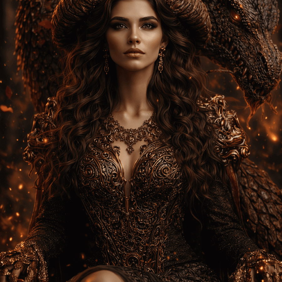 Elegante rainha com traje dourado e dragão, imagem de fantasia mística e poderosa.