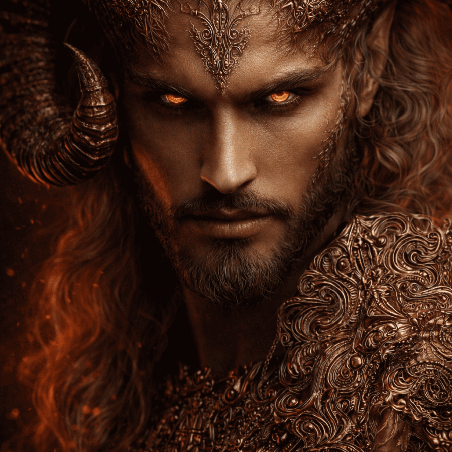 Fantasioso guerreiro mitológico com detalhes ornamentais dourados e olhos intensos.