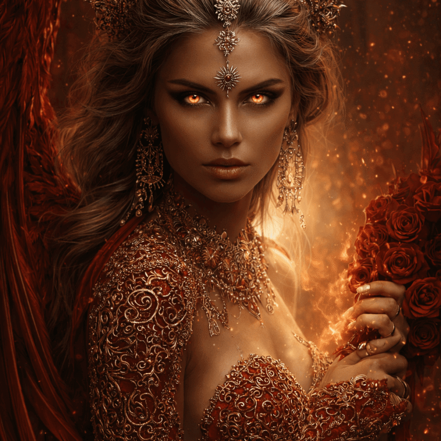 Mulher com olhos flamejantes e joias douradas, simbolizando poder e realeza, cercada por fogo e rosas vermelhas.
