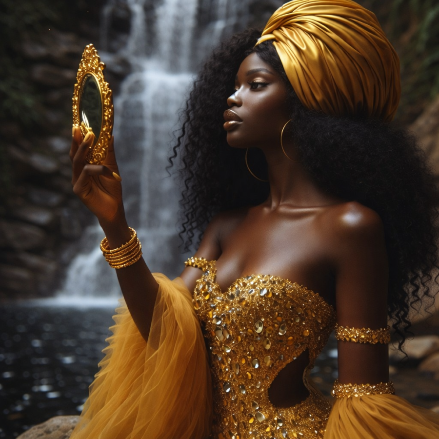 Reflexão de beleza com joias douradas e turbante dourado, cenário natural com cachoeira ao fundo.