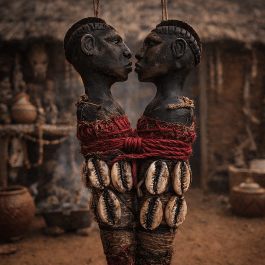 Dupla de figuras tribais africanas com adornos de conchas e couro.