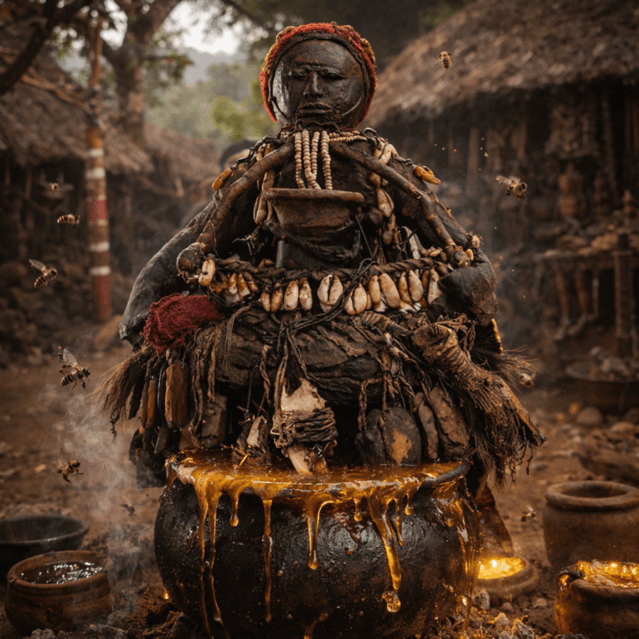 Escultura tribal antiga com elementos naturais, em ambiente cultural autêntico, destaque para detalhes rústicos e ethnics.