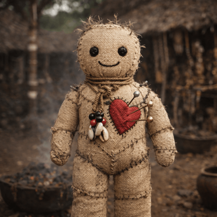 Boneco de pano artesanal com coração costurado, acessórios de miçangas e fundo rústico.