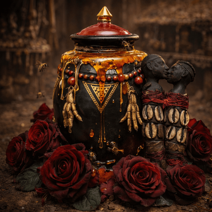 Vaso tradicional africano com dourados, acompanhado de esculturas e rosas vermelhas.