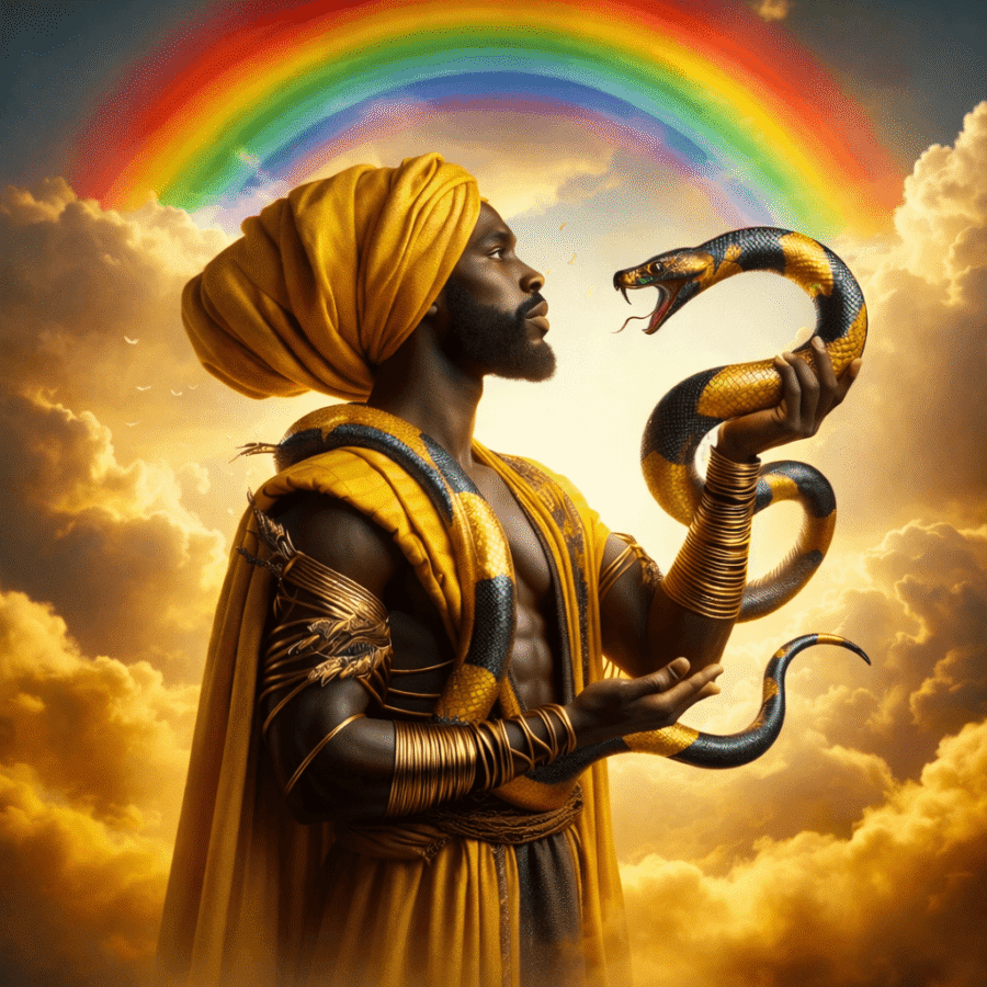 Homem poderoso com tiras douradas, segurando uma cobra venenosa, sob arco-íris e céu dramático.