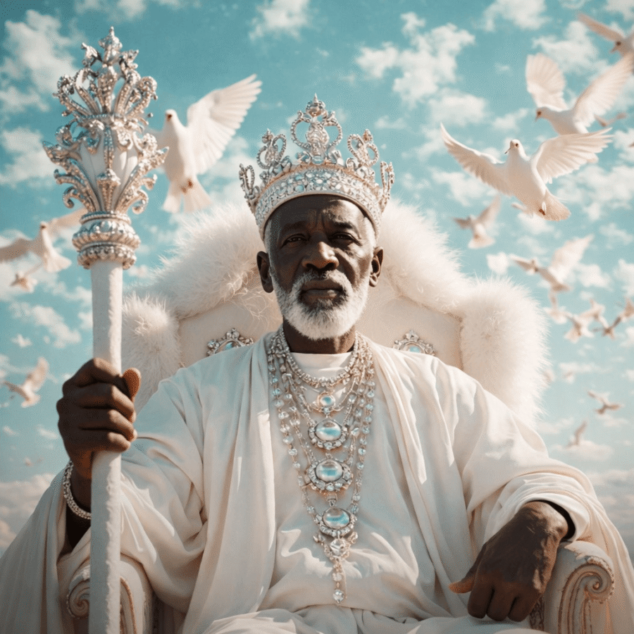 Rei em trajes reais com coroa e cetro, símbolo de liderança e majestade, cercado de pombas voando sob céu azul.