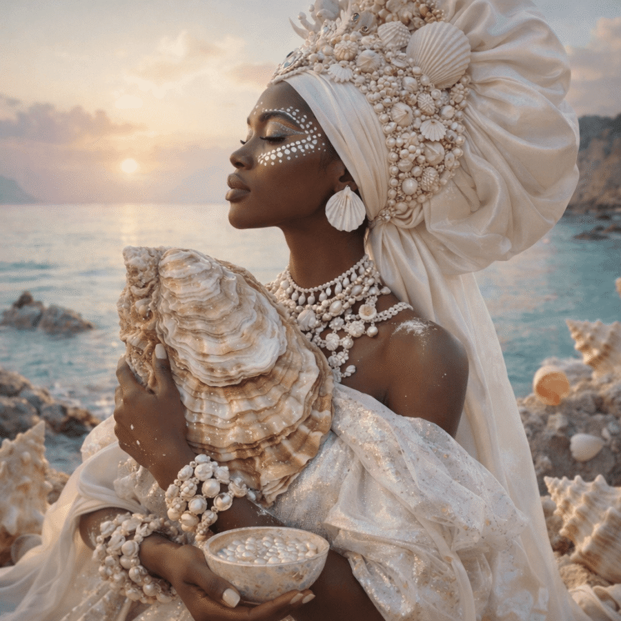 Cabeleireira de moda com acessórios de conchas do mar na praia ao pôr do sol.
