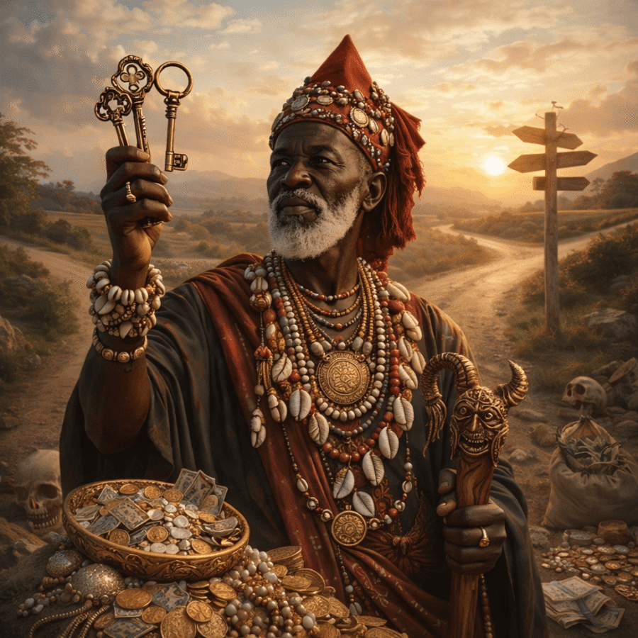 Chápeis de ouro, joias e utensílios africanos em cenário natural ao pôr do sol.