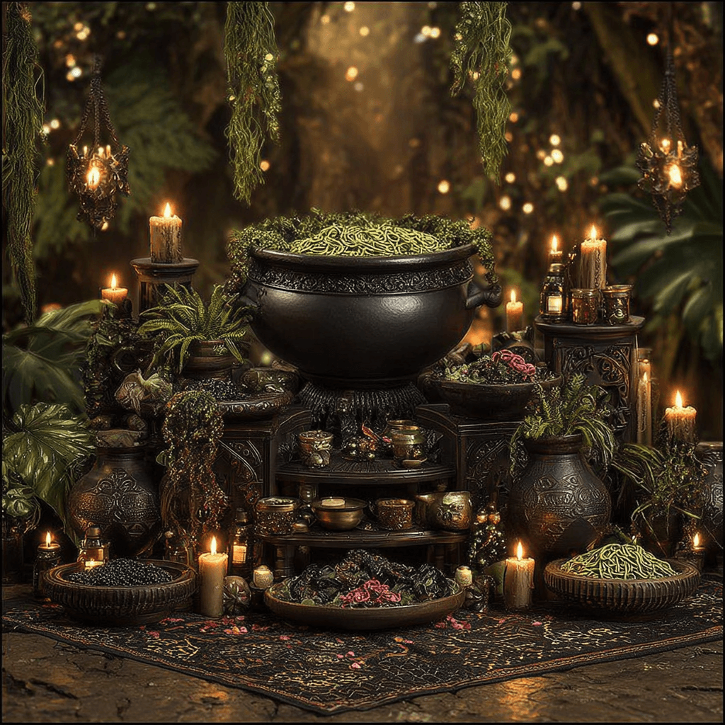 1. Velas e elementos decorativos místicos em ambiente de relaxamento.