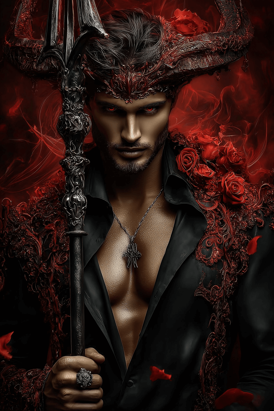 Moderno homem com fantasia sombria e detalhes em vermelho, estilo vampiro elegante e misterioso.