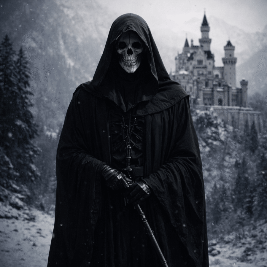 Medo sobrenatural em cenário de castelo antigo com neve, figura assustadora de esqueleto com capa preta e cajado.