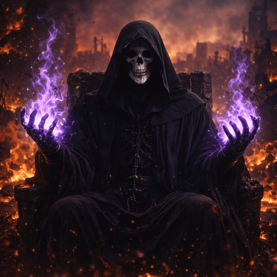 Mestre do ocultismo com caveira, poder místico e energia sombria em cenário apocalíptico.