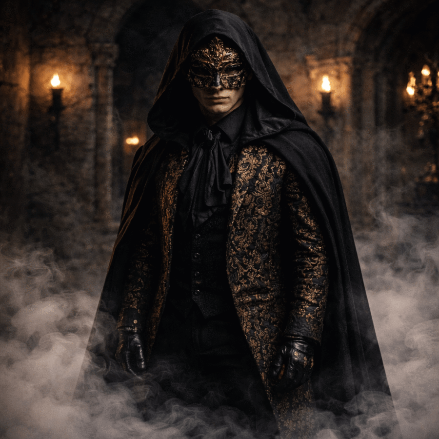 Homem vestindo traje elegante com máscara dourada e capa preta em cenário misterioso.