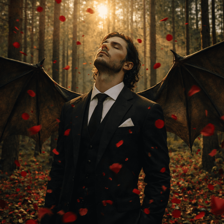 Vampiro elegante com asas de morcego em floresta ao pôr do sol, estilo sombrio e sofisticado.