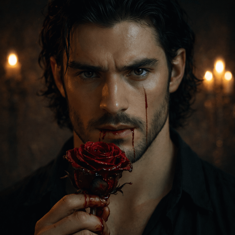 Homem com olhos intensos segurando uma rosa vermelha, símbolos de romance e paixão.