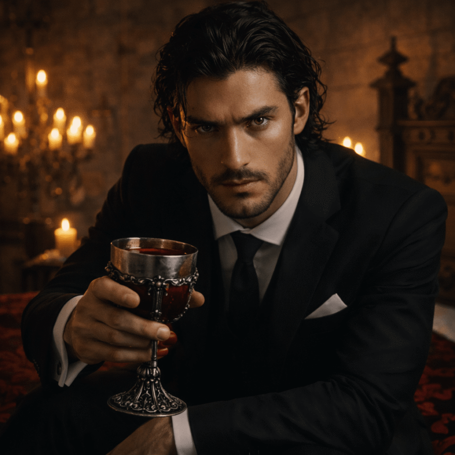 Elegância em casamento, homem sofisticado com taça de vinho tinto, clima luxuoso e íntimo.