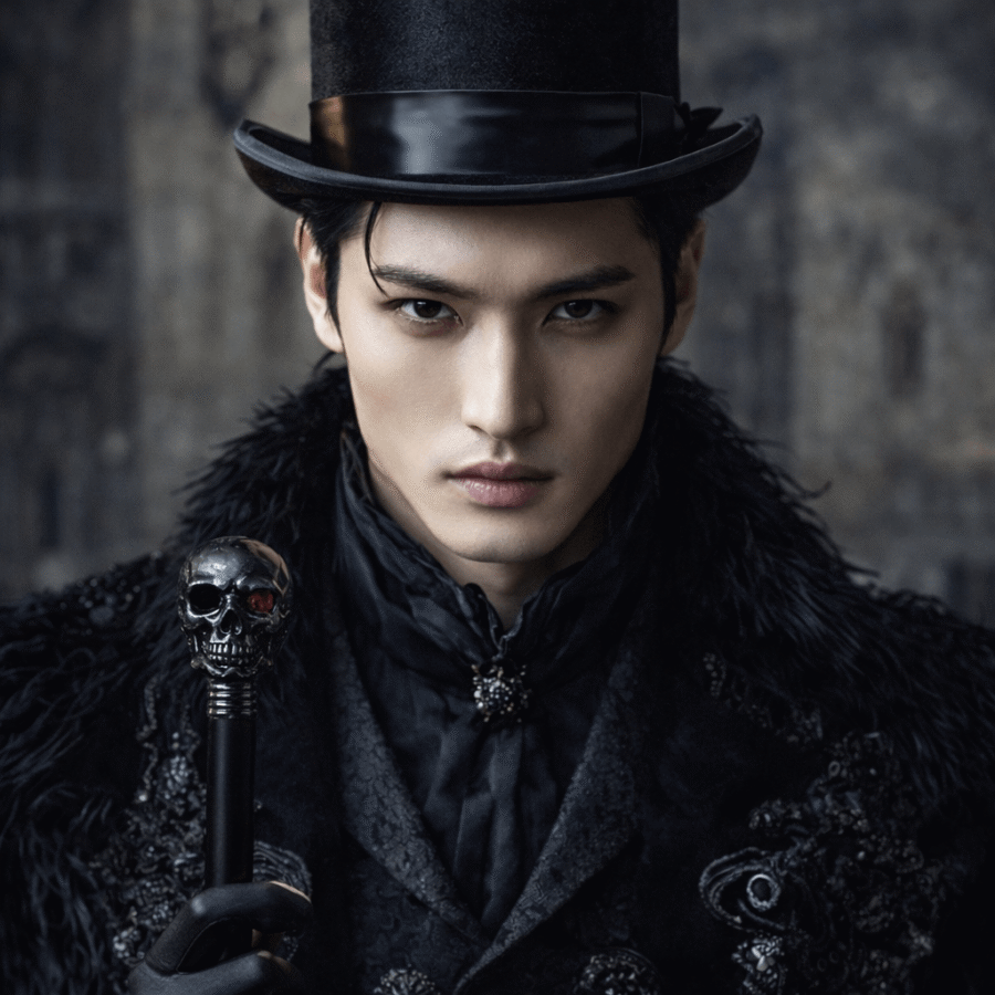 Elegante homem com fantasia sombria e chapéu preto, estilo gótico, transmitindo mistério e sofisticação.