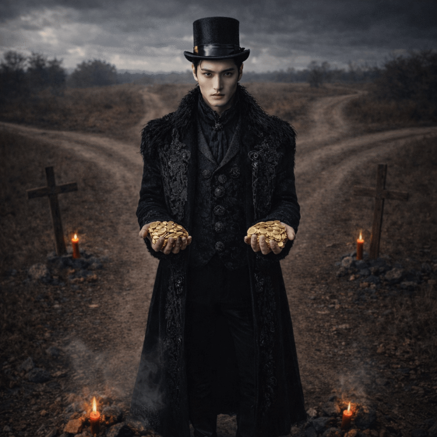 Homem vestido com traje elegante e chapéu preto, segurando moedas de ouro em cenário sombrio e misterioso.
