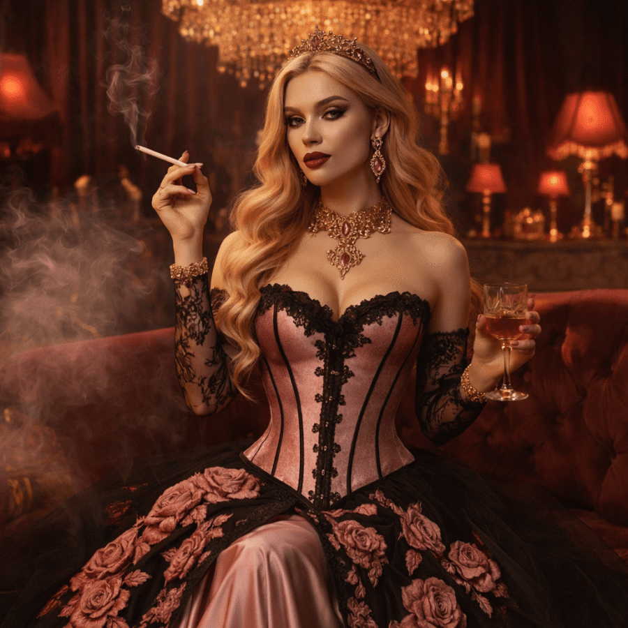 Elegante mulher com vestido floral, joias e tiara, segurando taça de vinho em ambiente luxuoso.