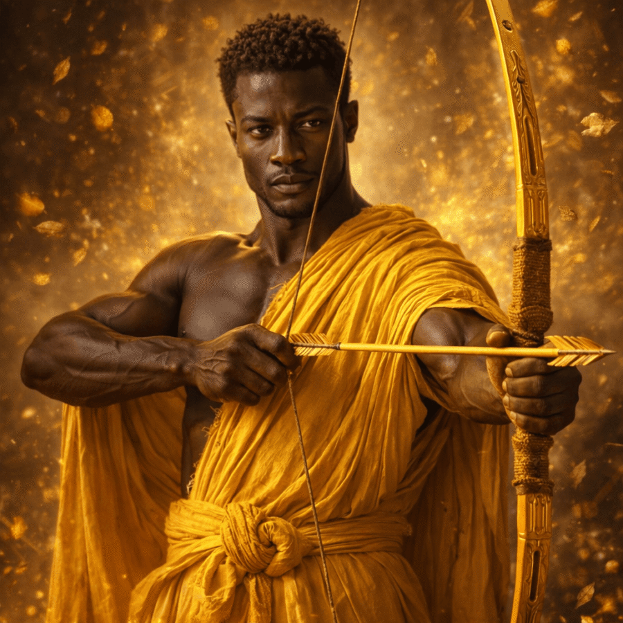 Homem africano com arco e flecha, vestimenta tradicional dourada, cenário dourado e místico.