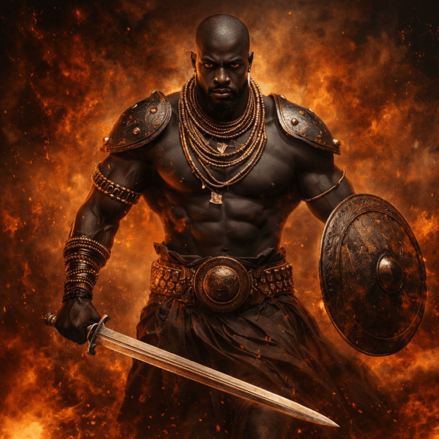Homem guerreiro afro com armadura e espada em ambiente fiery, símbolo de força e cultura africana.