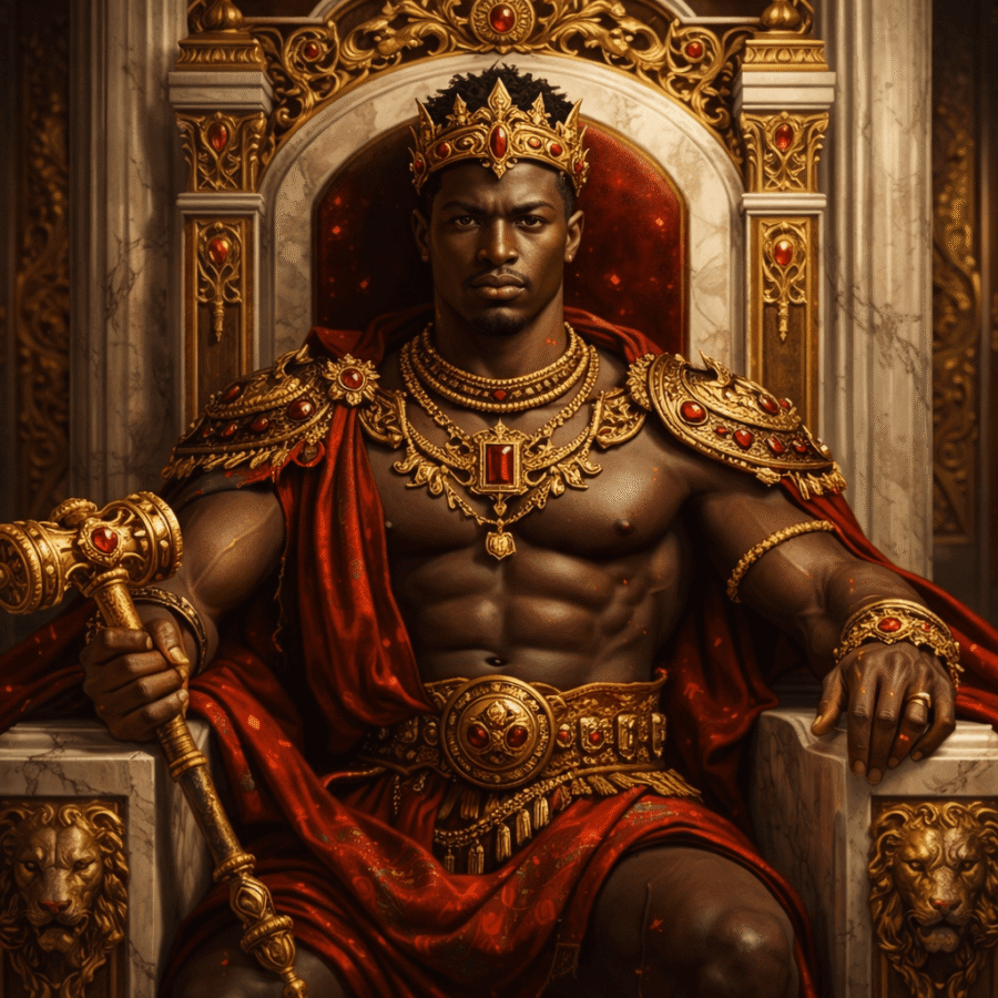 Rei guerreiro negro com armadura dourada e vestimenta vermelha, sentado em trono majestoso, simbolizando poder e autoridade.